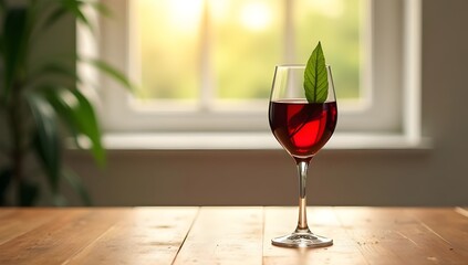 Glass of Red Wine with Leaf on Wooden Table – Warm Still Life with Natural Light

