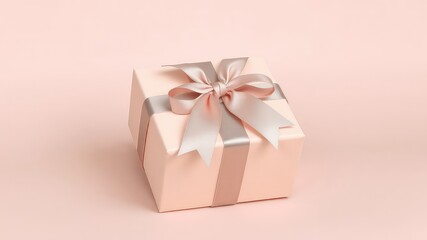 Delicate pink gift box with silky ribbon and bow on pastel surface for festive occasions, holidays, or celebrations
