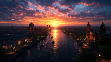 Fototapeta premium Stunning panoramic view of a sunset over a historic cityscape with waterways and iconic architecture