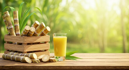 Sweet Sunshine: A refreshing glass of sugarcane juice, accompanied by fresh sugarcane stalks, rests on a rustic wooden surface under the warm glow of sunlight, portraying the essence of nature.
