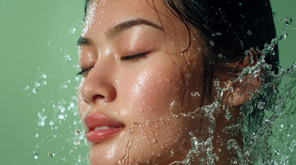 Close up of a woman's face with water splashing on her with a green background in a beauty shot