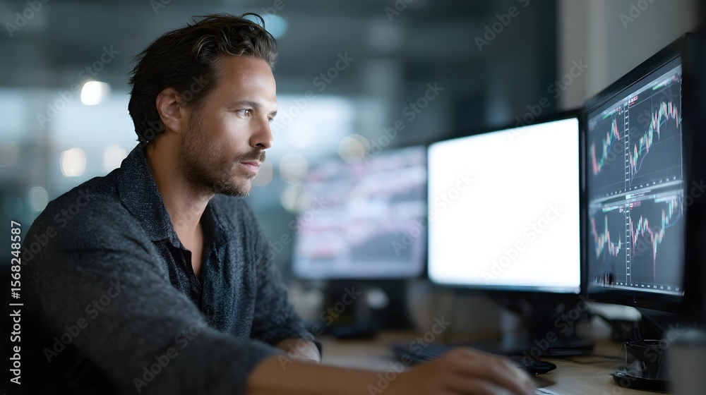 Poster a man intently checking market data on multiple computer monitors in an office setting long title a 