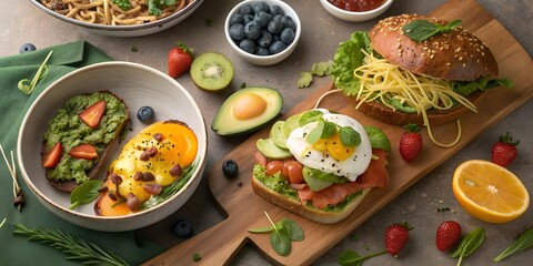 Gourmet Breakfast Spread with Toasts Eggs and Fresh Fruit on Wooden Board