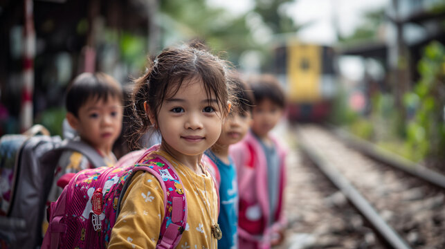 Group of young children with backpacks standing on train tracks looking at the camera smiling sweetly