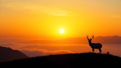 Deer Silhouette at Sunrise on Misty Hilltop – Majestic Nature Landscape at Dawn

