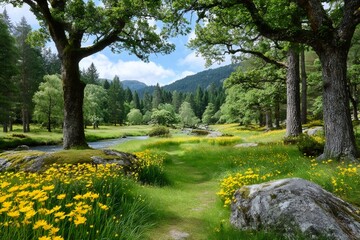 Fototapeta premium Blooming yellow wildflowers framing a serene river flowing through green meadow