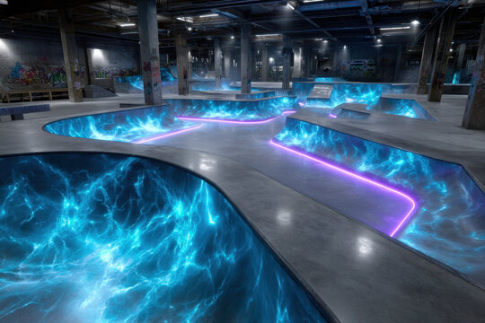 Cool underground skatepark with glowing blue water effects and vivid graffiti on the walls