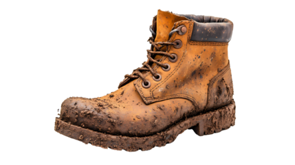 A rugged, muddy work boot, showcasing the durability needed for outdoor adventures and tough jobs.