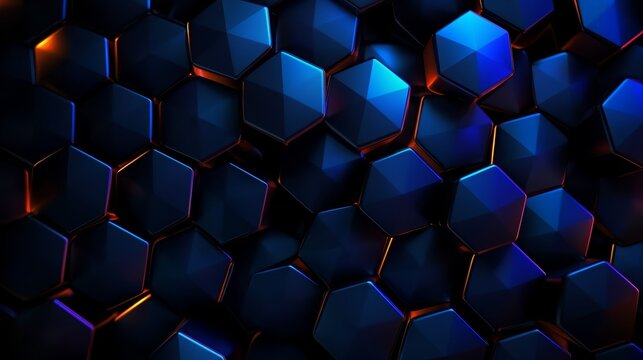 Close up of a blue and orange background with a pattern of hexagons. The hexagons are blue and orange, and they are arranged in a way that creates a sense of depth and texture