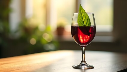 Glass of Red Wine with Leaf on Wooden Table – Warm Still Life with Natural Light

