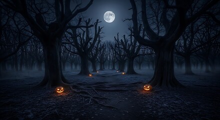Eerie moonlit path through a spooky, bare-branched forest, illuminated by glowing jack-o'-lanterns.