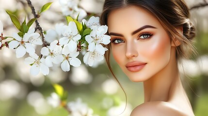 Beautiful woman with flawless skin and spring blossoms.