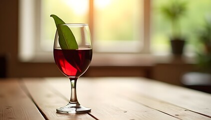Glass of Red Wine with Leaf on Wooden Table – Warm Still Life with Natural Light

