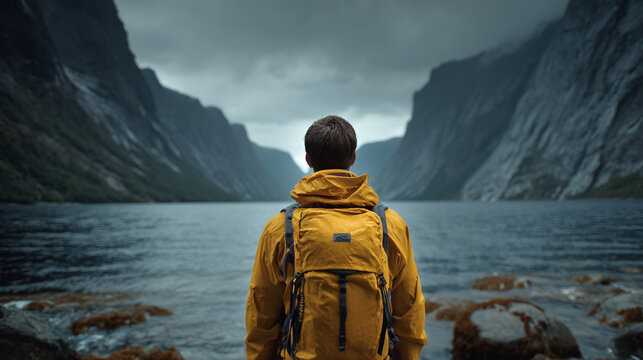 A person with a yellow jacket and backpack looking at a lake surrounded by mountains on a cloudy day - Powered by Adobe
