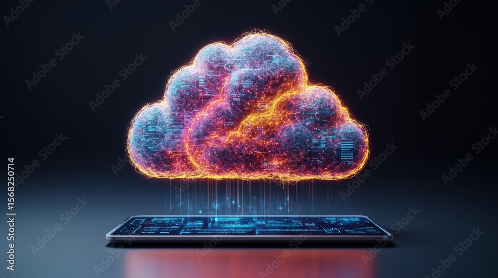 Poster digital cloud computing technology concept with glowing colorful cloud above a futuristic keyboard o