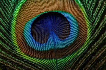 Obraz premium Detailed close-up of vibrant peacock feather with iridescent blue and green eye pattern
