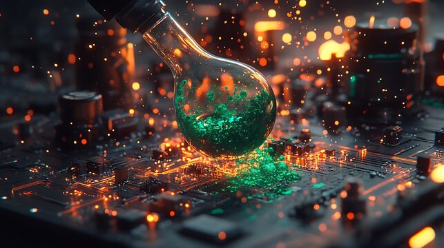 A glowing, emerald-green liquid spills from a glass bulb onto a circuit board. - Powered by Adobe