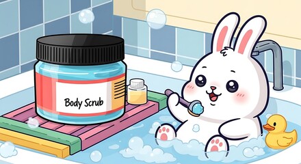 Cartoon bunny in a bubble bath holding a scrub brush, with a jar of body scrub nearby.