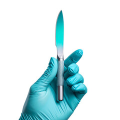 Surgical scalpel held in teal medical glove on black background