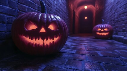 Illuminated carved pumpkins in a brick-walled corridor.