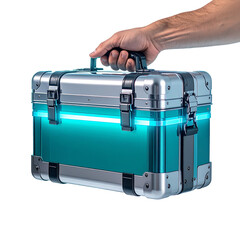 Teal accented metal toolbox held by hand against dark background