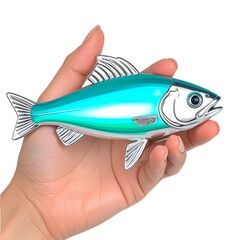 Teal and silver fish in hand digital illustration