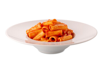 Rigatoni macaroni pasta with tomato sauce  in white plate isolated