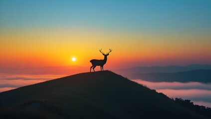 Deer Silhouette at Sunrise on Misty Hilltop – Majestic Nature Landscape at Dawn

