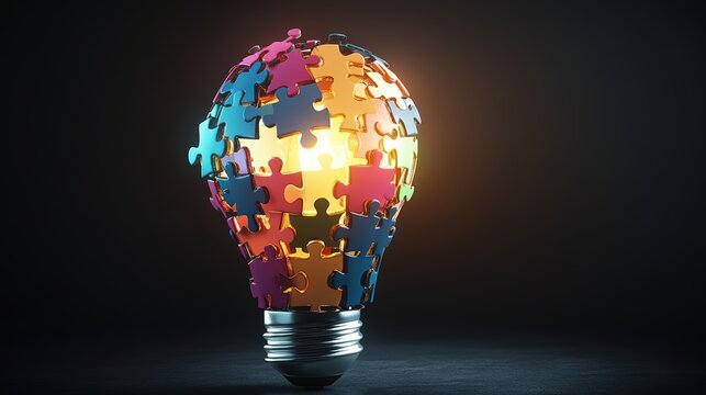 Creative lightbulb made of colorful world map puzzle pieces symbolizing global ideas and innovation