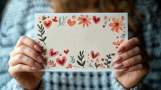 heartfelt image of hands holding a blank card with a floral and heart border for websites or blogs about greetings,invitations, love,celebration,crafts,or personalized messages - Powered by Adobe