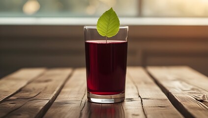 Glass of Red Wine with Leaf on Wooden Table – Warm Still Life with Natural Light

