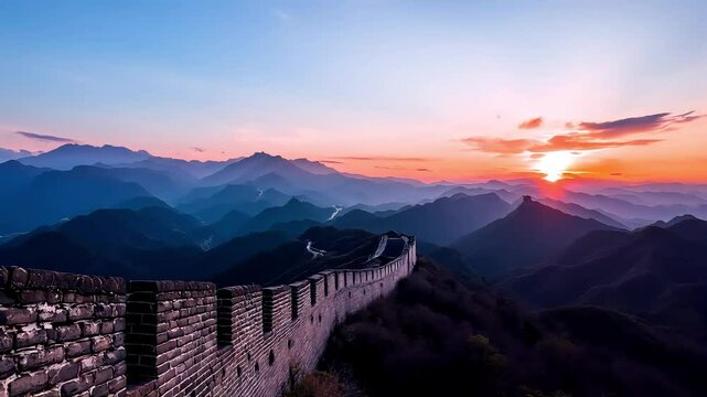 A time lapse shot of the Great Wall against a changing sky from a bright sunny afternoon to a dramatic sunset over the mountai