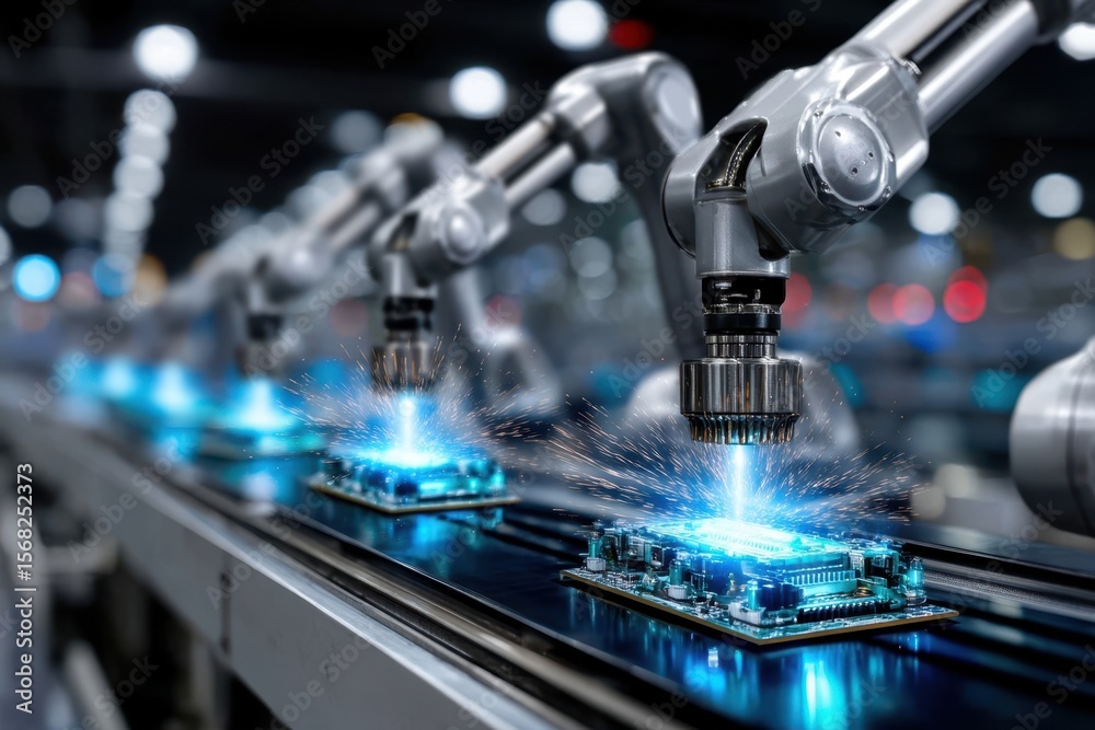 Poster advanced robotic arms assembling circuit boards in a high-tech factory environment