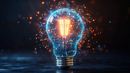 Illuminated light bulb with glowing filament and sparkling particles creating a luminous energy effect