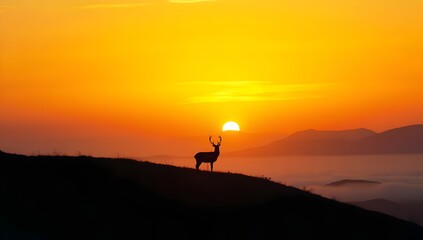 Deer Silhouette at Sunrise on Misty Hilltop – Majestic Nature Landscape at Dawn

