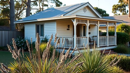 A cozy cottage with a veranda, surrounded by native plants in a peaceful residential setting.