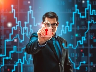 Businessman Holding Digital Padlock with Financial Data Background