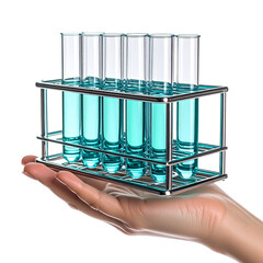 Teal liquid filled test tubes in a metal stand held in hand