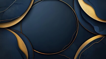 Blue background with gold circles and a black circle in the middle. The circles are arranged in a way that creates a sense of depth and movement, with some circles overlapping each other