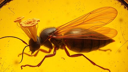 Amber-preserved prehistoric insects with delicate fungal filaments emerging from their bodies, creating an eerie and ancient aesthetic.