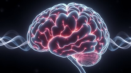 Ethereal brain with pulsating neural pathways in dark space