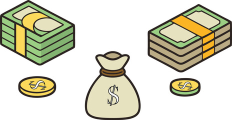 Stacks of money and coins beside a money bag image vector illustration