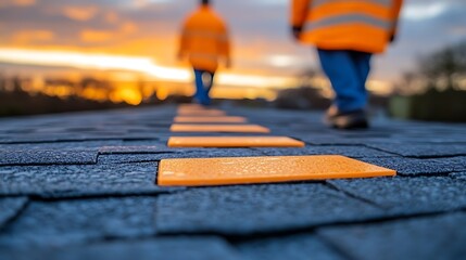Orange safety markings on a dark gray rooftop walkway at sunset.