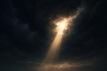 Sunlight breaking through dark storm clouds with dramatic rays over ocean horizon