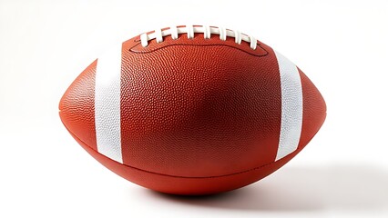 An American football sits centered on a pure white background, its texture and stitching clearly visible.