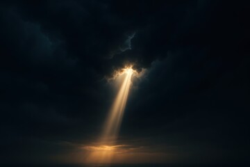 Sunlight breaking through dark storm clouds with dramatic rays over ocean horizon