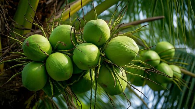coconut tree with green young coconut on it at rural countryside of Southeast Asia