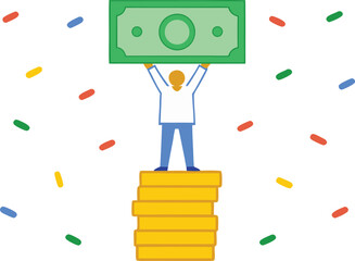Person on a pile of coins holding money and celebration vector illustration