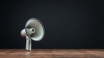 Megaphone on wooden surface symbolizing communication in a dark setting.