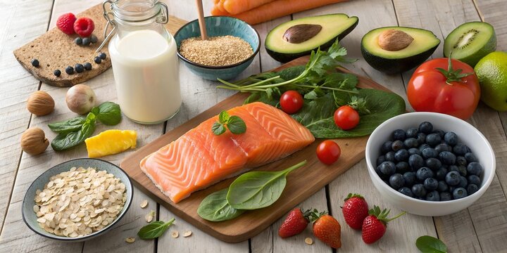 Healthy Eating Food Selection with Salmon Berries Avocado and Other Nutrients